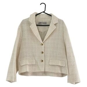 Zara Tweed Cropped Blazer Womens Size M Cream NWT Gold Button 3262/449/712